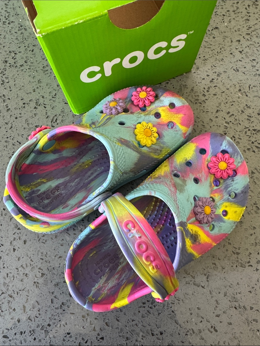 Girls flower power tie dye crocs 9